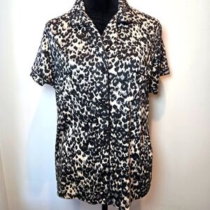 BCBG MAXAZRIA Women's Leopard Animal Print Button Down Sleep Pajama Shirt Large